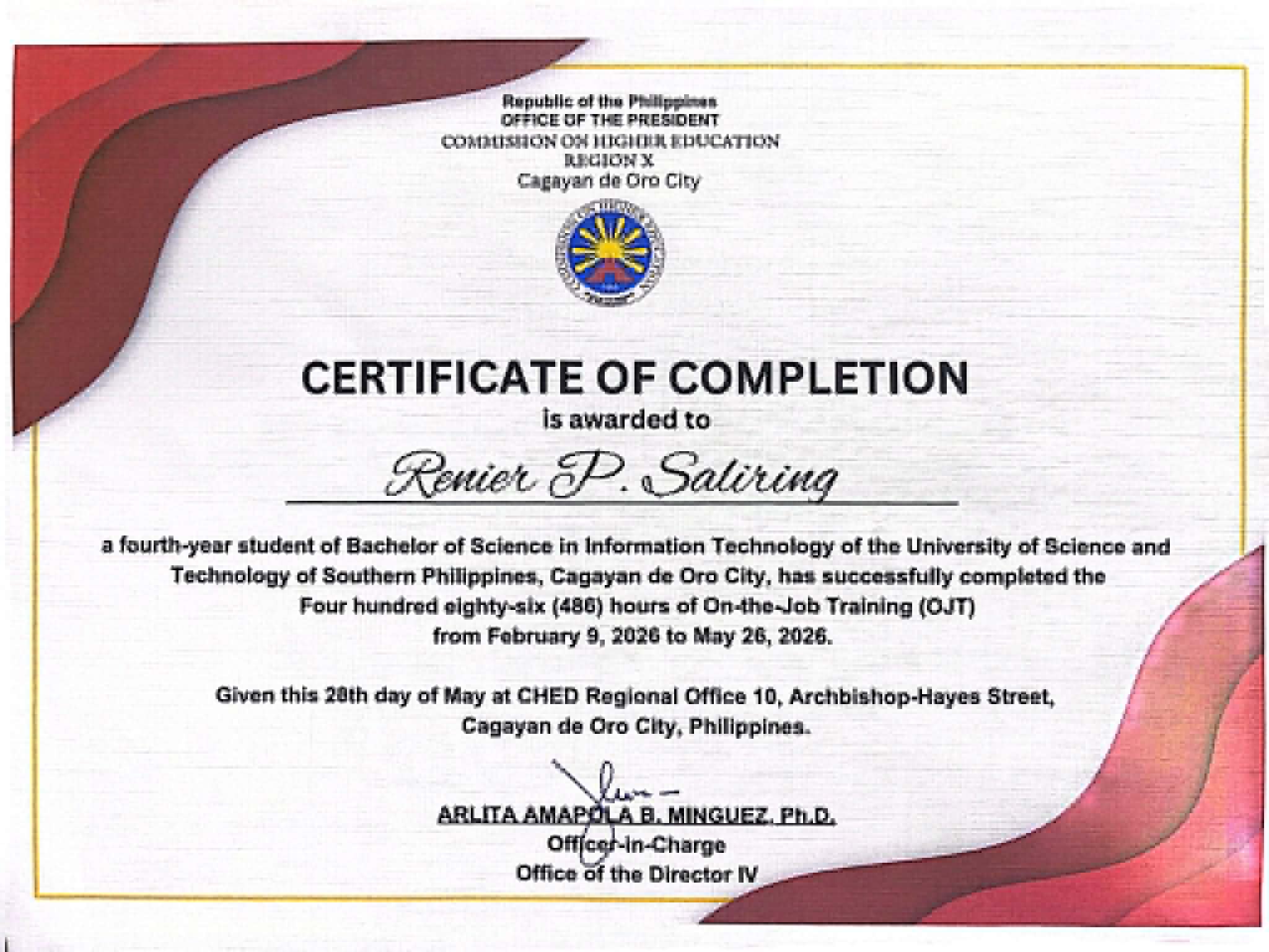 CHED OJT Certificate of Completion